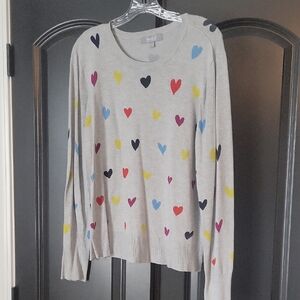 Marled Gray Sweater with Colorful Hearts